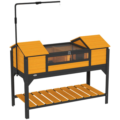 PawHut Tortoise Habitat with Adjustable Lamp Holder Wooden Tortoise Enclosure with Storage Shelf Dual Main Houses Attached Tray Openable Lid Yellow